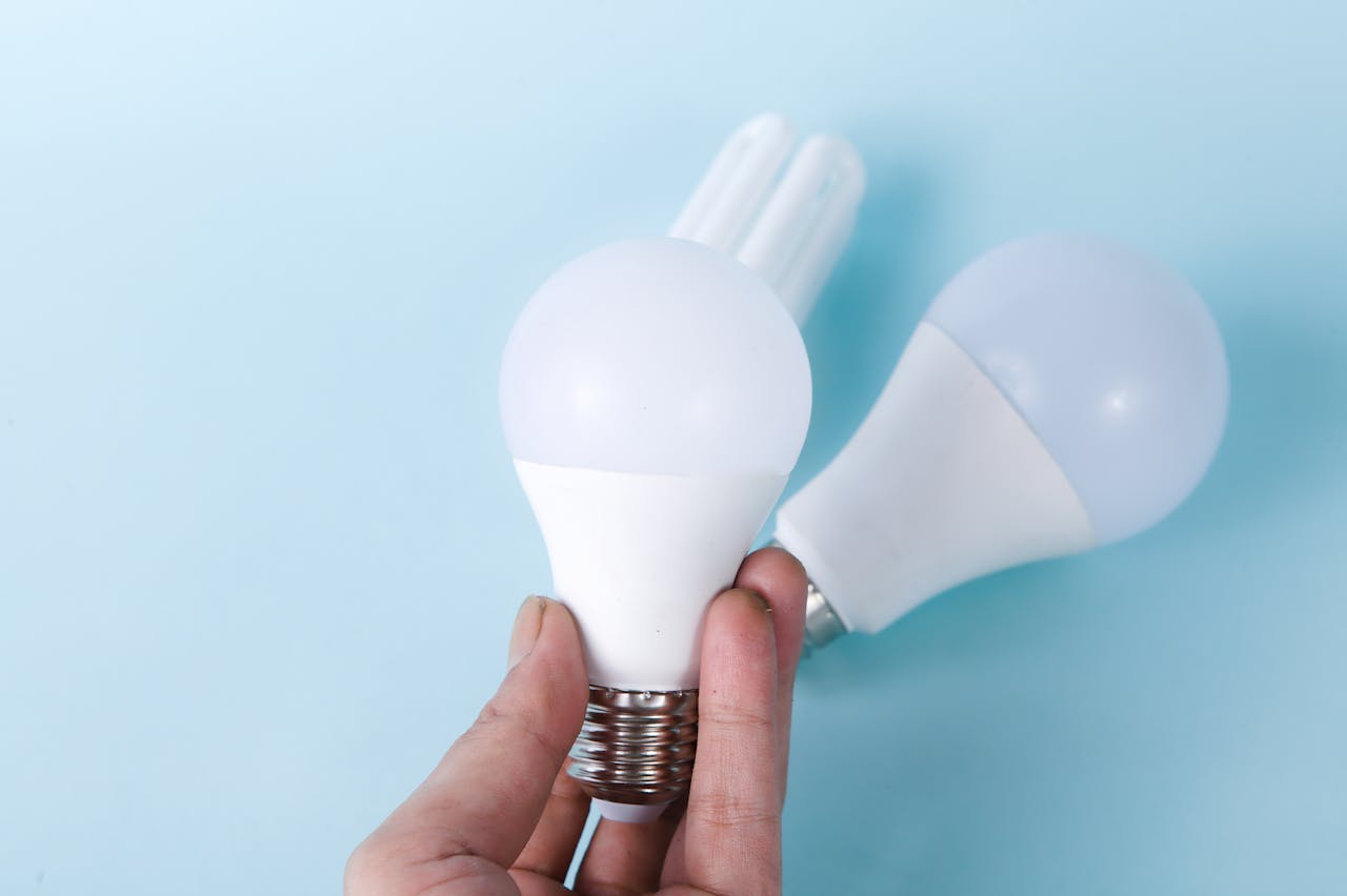 services-02 Two LED light bulbs on a blue background, highlighting energy efficiency.